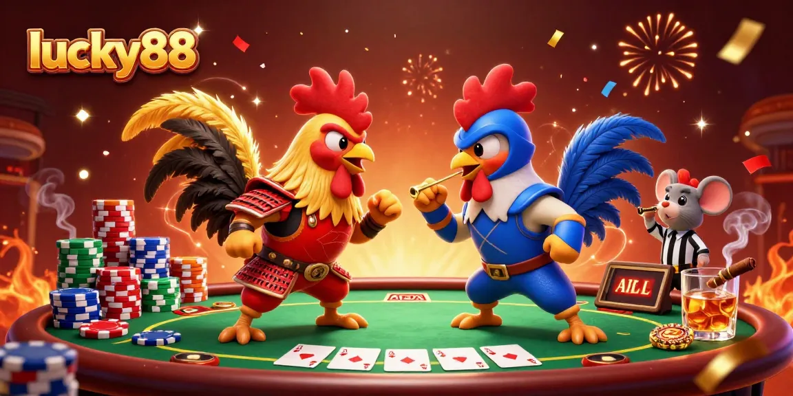 Engage in thrilling casino action with lucky88 as cartoon roosters duel amid vibrant gambling elements.