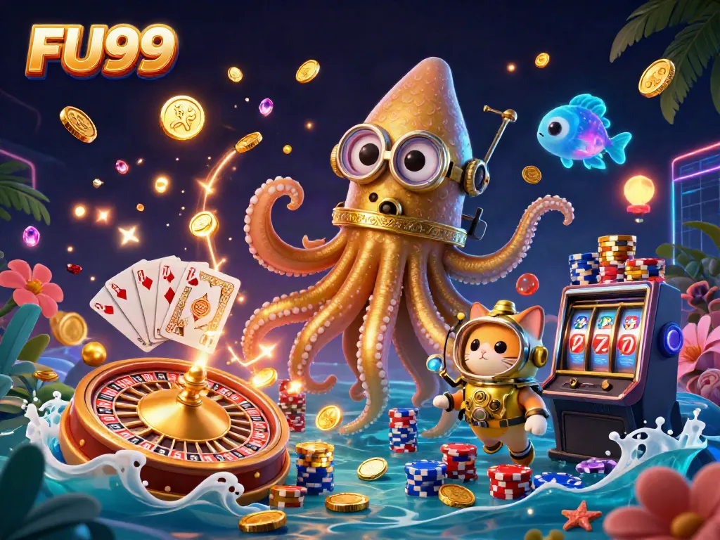 Experience the thrill of FU99 with a vibrant kraken and diving cat in a rich casino scene.