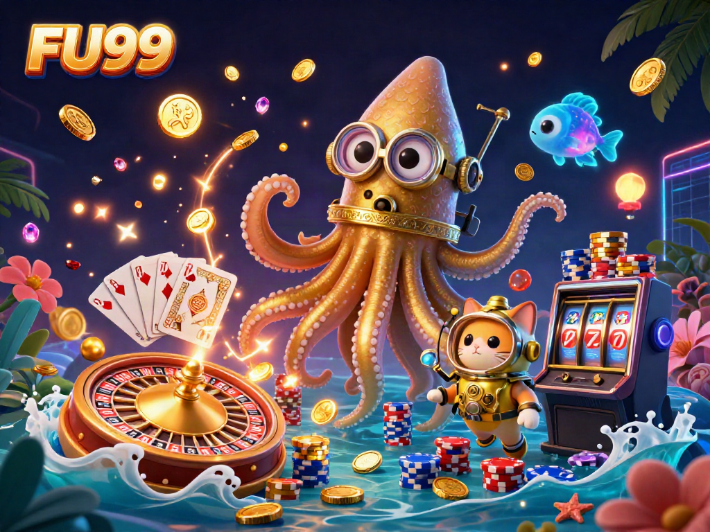 Experience the thrill of FU99 with a vibrant kraken and diving cat in a rich casino scene.