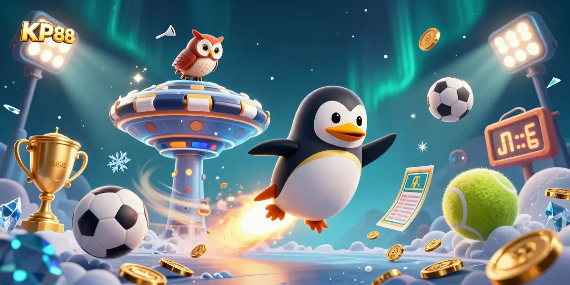Experience KP88's thrilling space casino adventure with golden penguins and sports betting action.