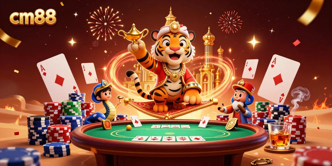 Experience thrilling gameplay with cm88's vibrant 3D casino illustration, showcasing a tiger sultan and dynamic poker elements.