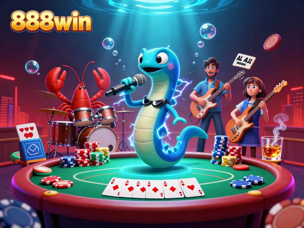 Experience the vibrant underwater casino with 888win featuring an electric eel DJ, detailed poker elements, and animated energy.