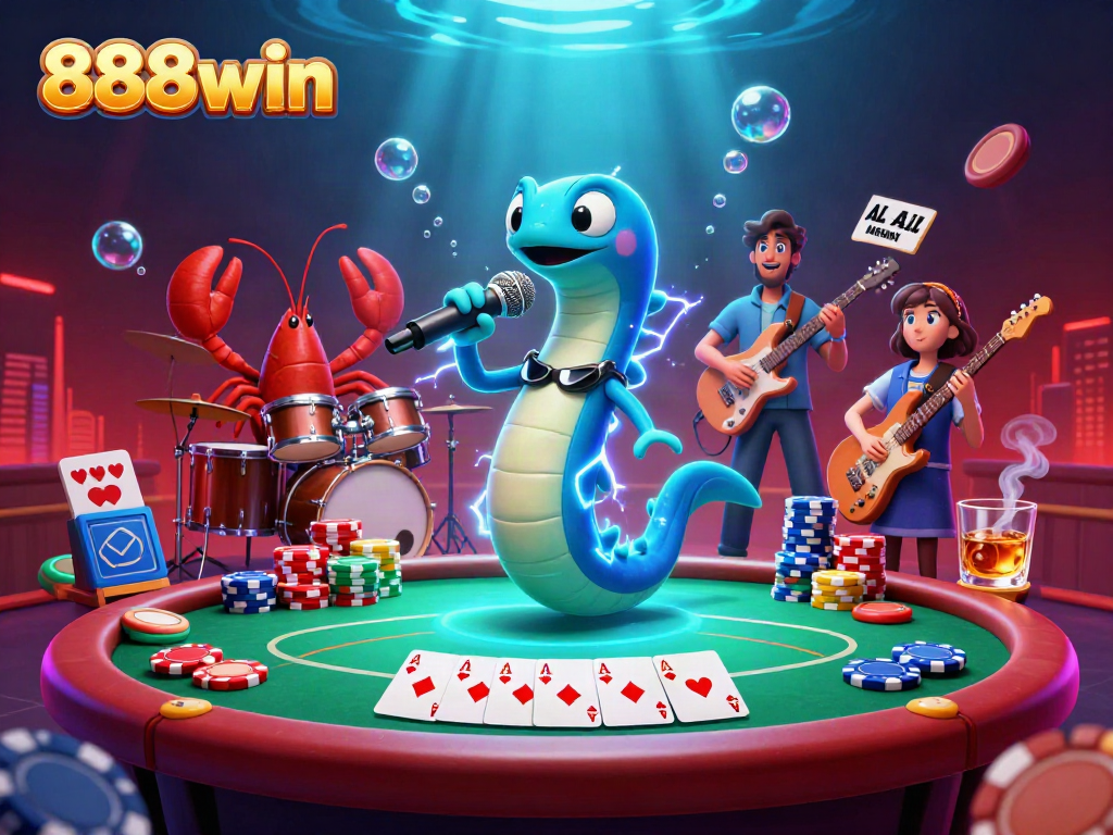 Experience the vibrant underwater casino with 888win featuring an electric eel DJ, detailed poker elements, and animated energy.