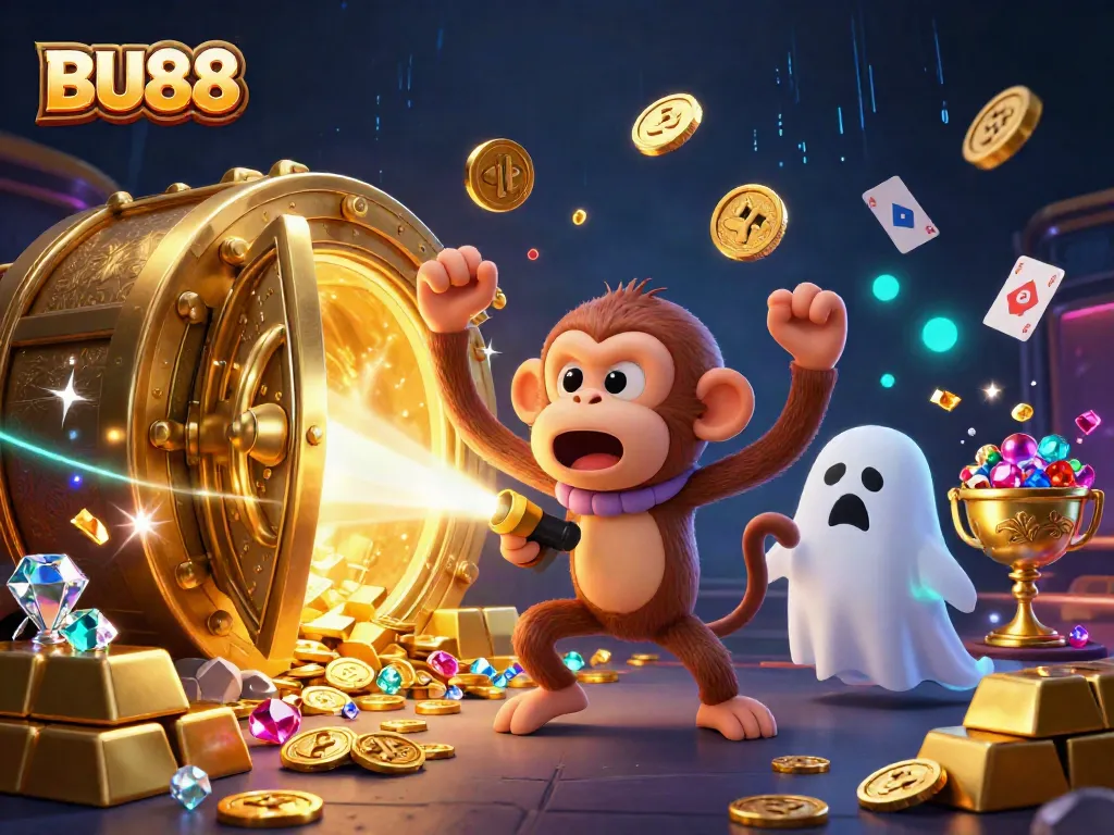 Engage with the BU88 casino experience as a playful poltergeist monkey juggles treasures in a haunted setting.