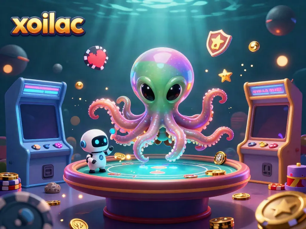 Engage with xoilac's thrilling 3D scene of an octopus at a poker table with vibrant gaming elements.