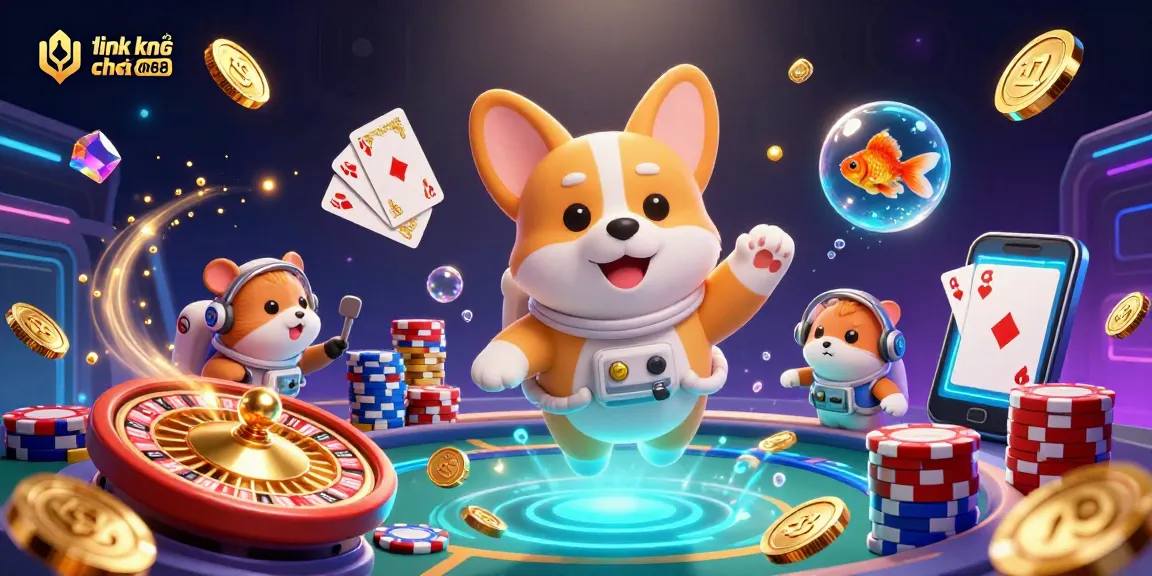 Engage with the excitement of link không chặn cm88 in a dynamic space casino scene with corgi and hamster