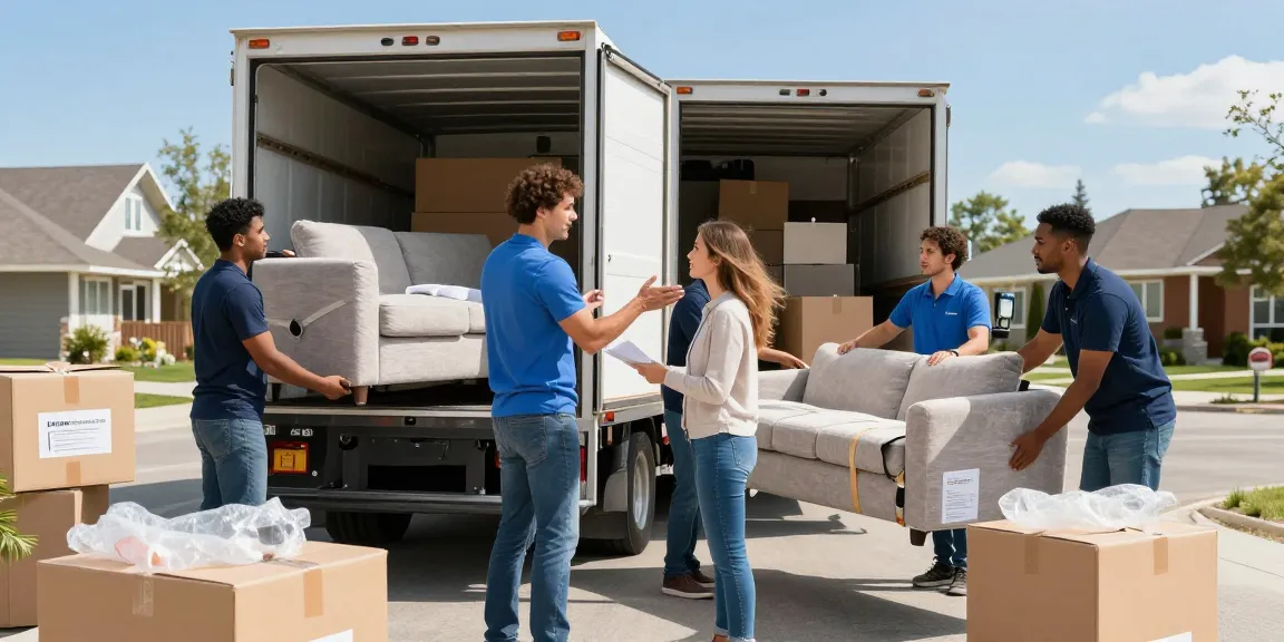 Moving services team loading truck in Calgary with protective gear, organized boxes and furniture.