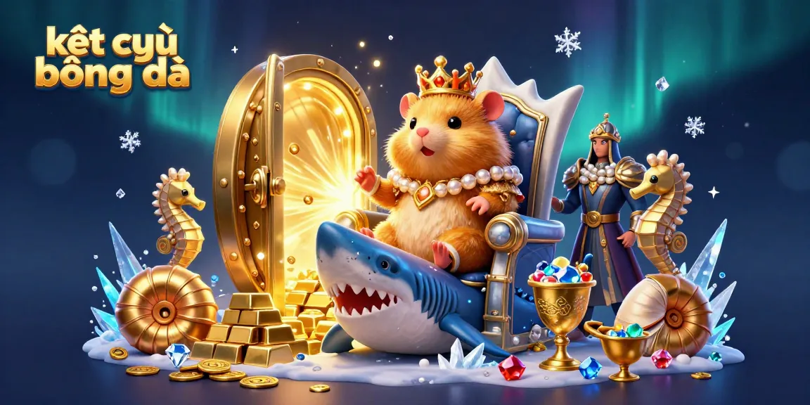 Experience kết quả bóng đá with a dynamic illustration of a golden hamster king on a shark throne, surrounded by treasures.