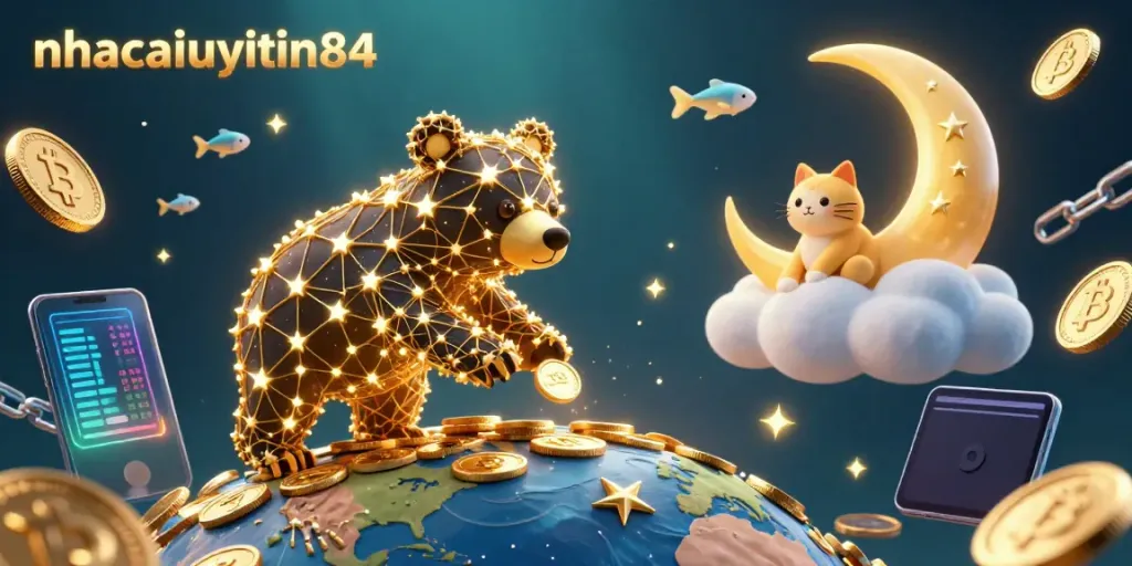 Join the fun at nhacaiuytin84, where the constellation bear scoops up coins amid vibrant casino elements.