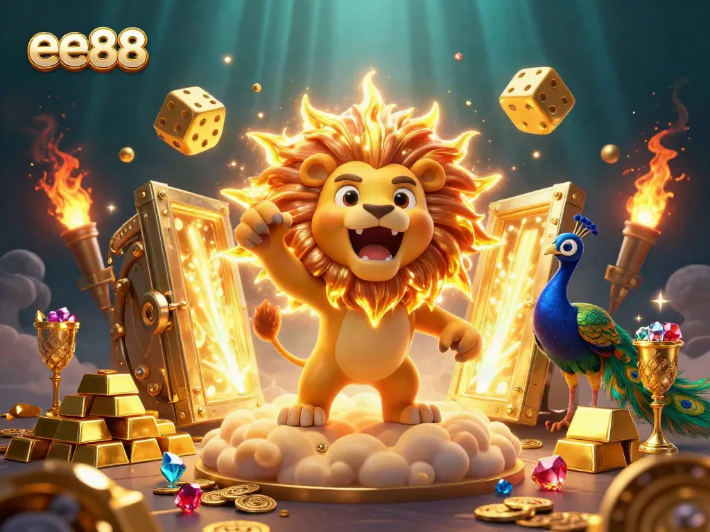 Experience thrilling wins at ee88 with a vibrant 3D cartoon scene filled with winning symbols, rich colors, and animation.