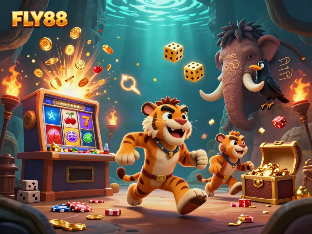 FLY88's neon-lit prehistoric casino showcases a thrilling jackpot scene capturing excitement.