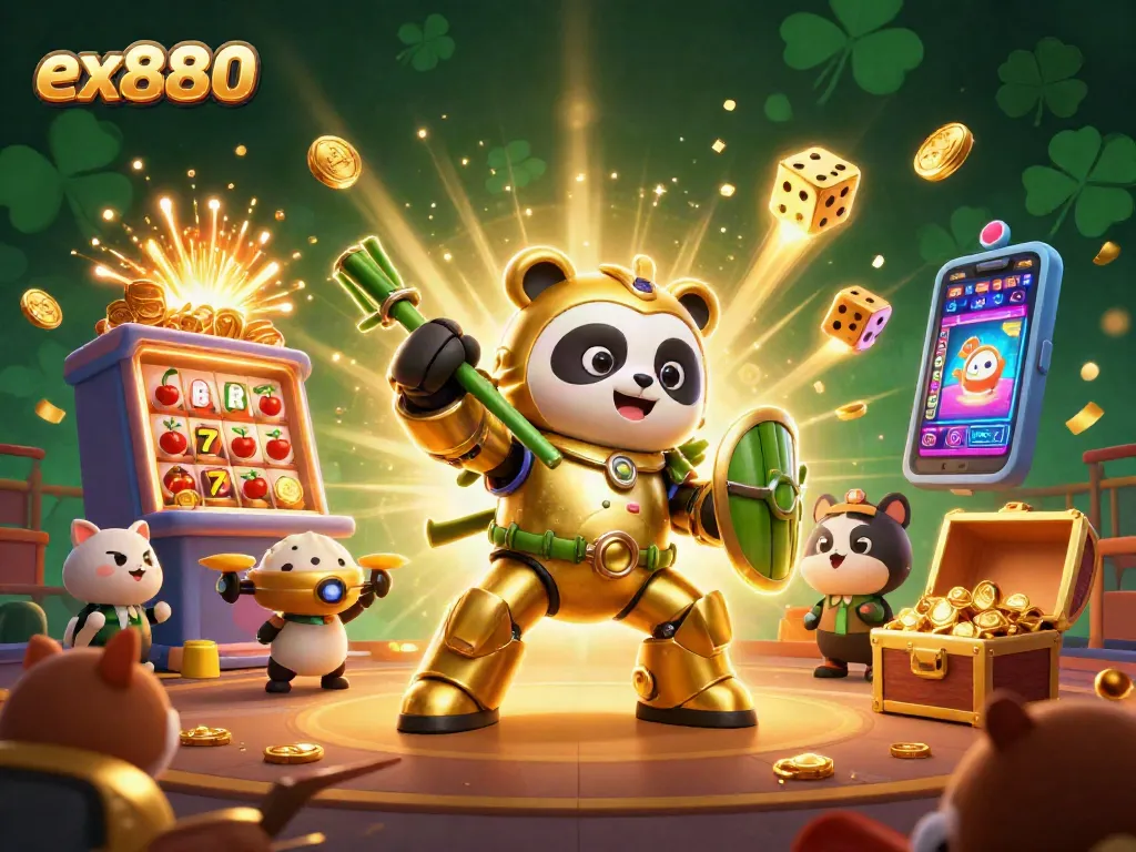 Play ex880 at the energetic casino arena, featuring vibrant elements like slot machines and golden particles.