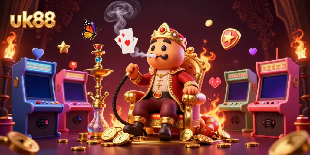 Experience thrilling action with uk88 in a vibrant 3D casino scene filled with game elements.