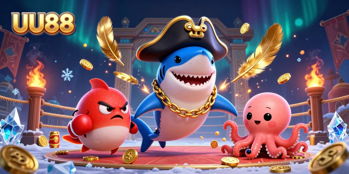 Bet on exciting games at UU88 featuring a vibrant 3D illustration of a pirate shark, pufferfish, and octopus in action.