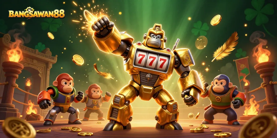 BANGSAWAN88 showcases a powerful gorilla mech smashing coins in a vibrant casino atmosphere.