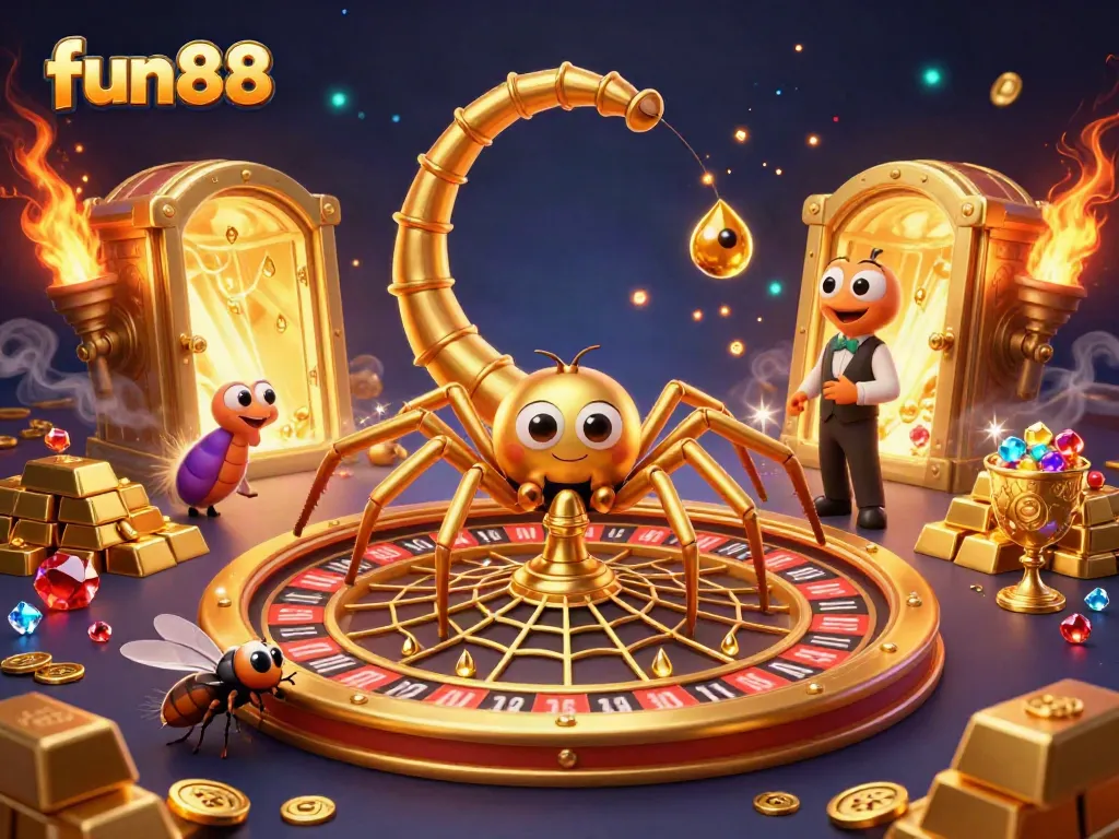 Engaging fun88 illustration with a spider, fly, and centipede in a casino web scene.