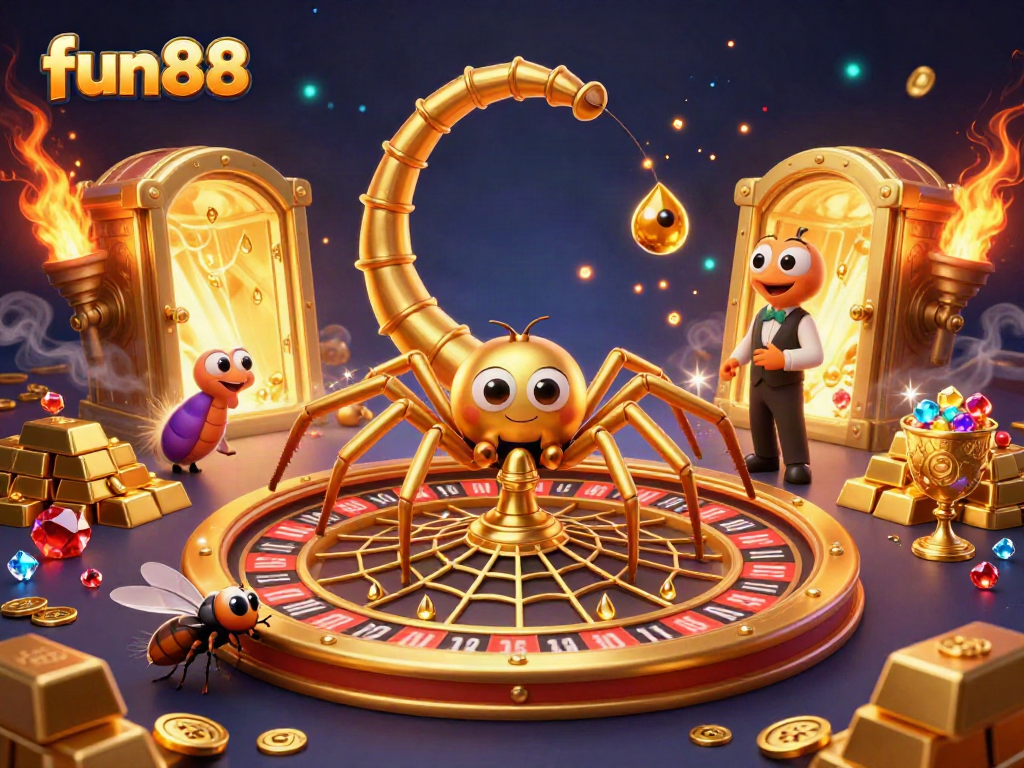 Engaging fun88 illustration with a spider, fly, and centipede in a casino web scene.