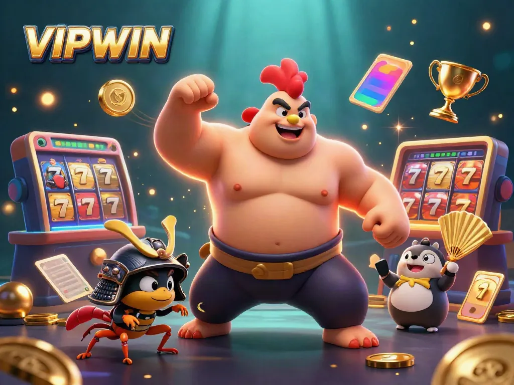 Experience VIPWIN's excitement with a powerful sumo rooster, samurai cricket, and dynamic casino elements.