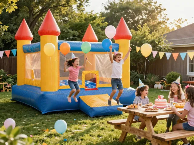 Kids enjoying a bounce castle at a birthday party, capturing joyful moments and festive atmosphere.