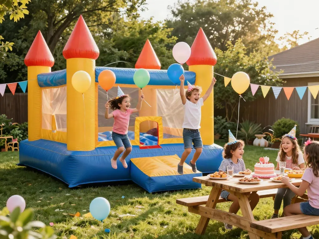 Kids enjoying a bounce castle at a birthday party, capturing joyful moments and festive atmosphere.