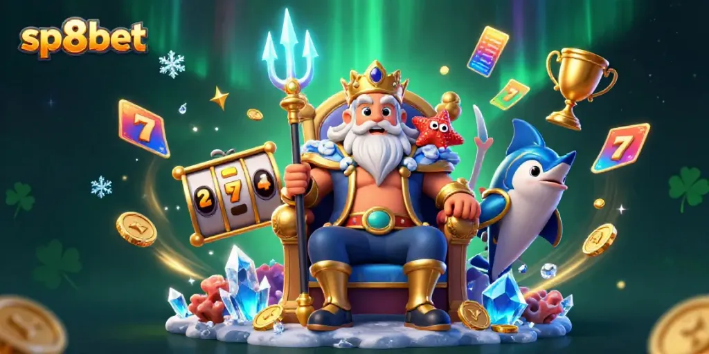 Engage with sp8bet’s vibrant 3D casino scene featuring Neptune and dynamic slot elements.