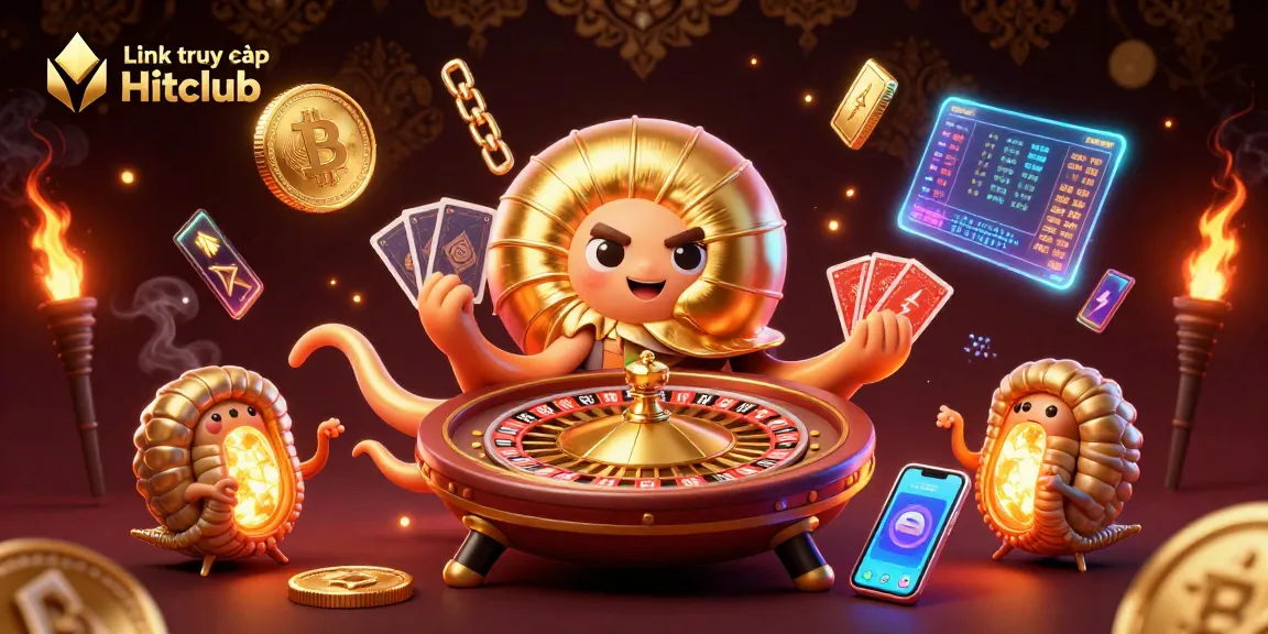 Engage with Link truy cập Hitclub in an ultra-detailed 3D casino scene featuring crypto elements and dynamic graphics.