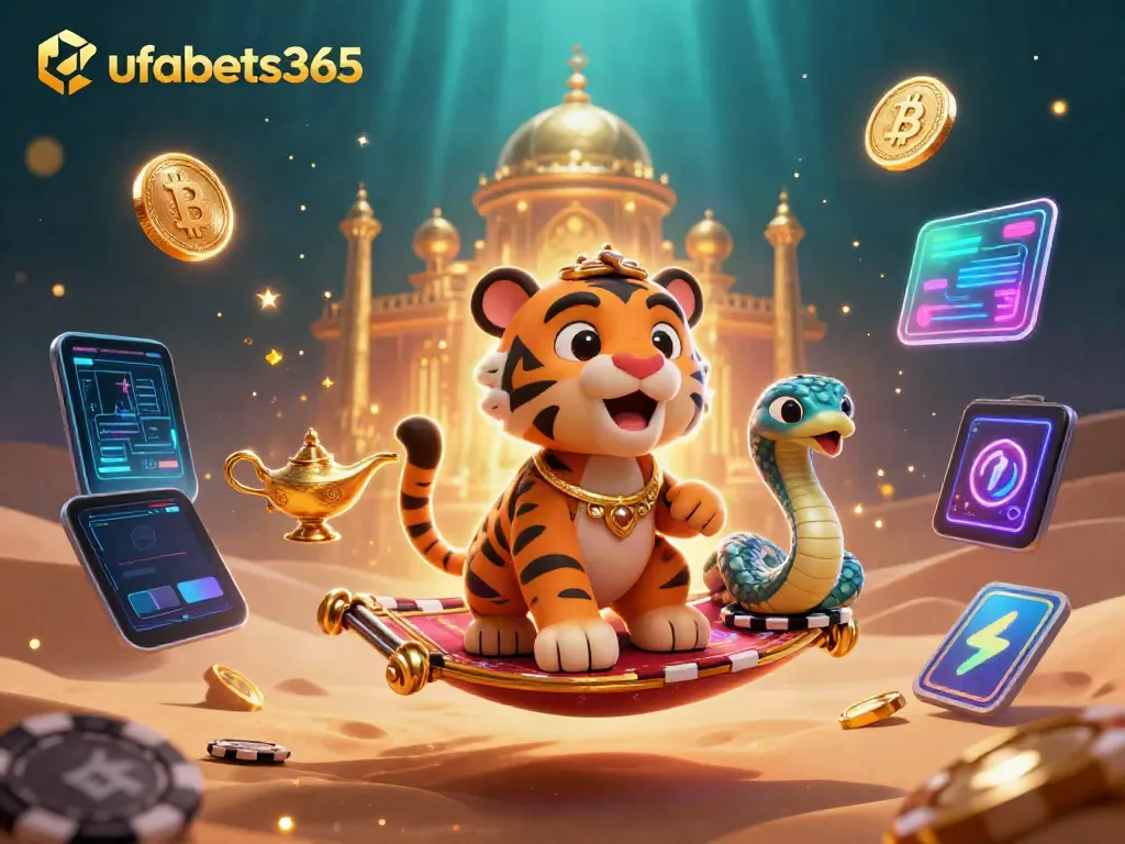 Engage in thrilling gameplay at ufabets365 with the tiger sultan on a vibrant flying carpet over a golden palace.