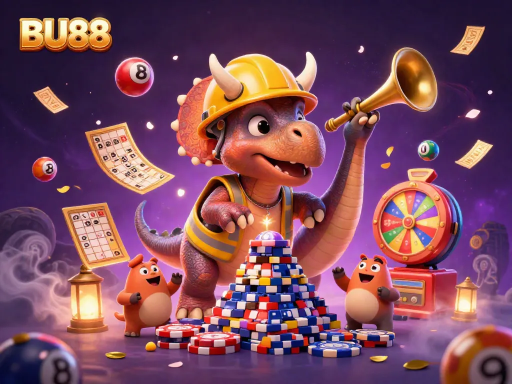 BU88 showcases a lively casino scene with cartoon dinosaurs celebrating amidst colorful lottery elements, encapsulating vibrant gambling energy.