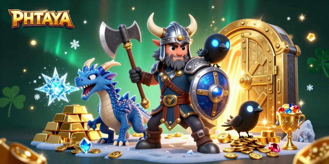 PHTAYA's Viking warrior battles for treasures in a dynamic casino scene filled with gems.