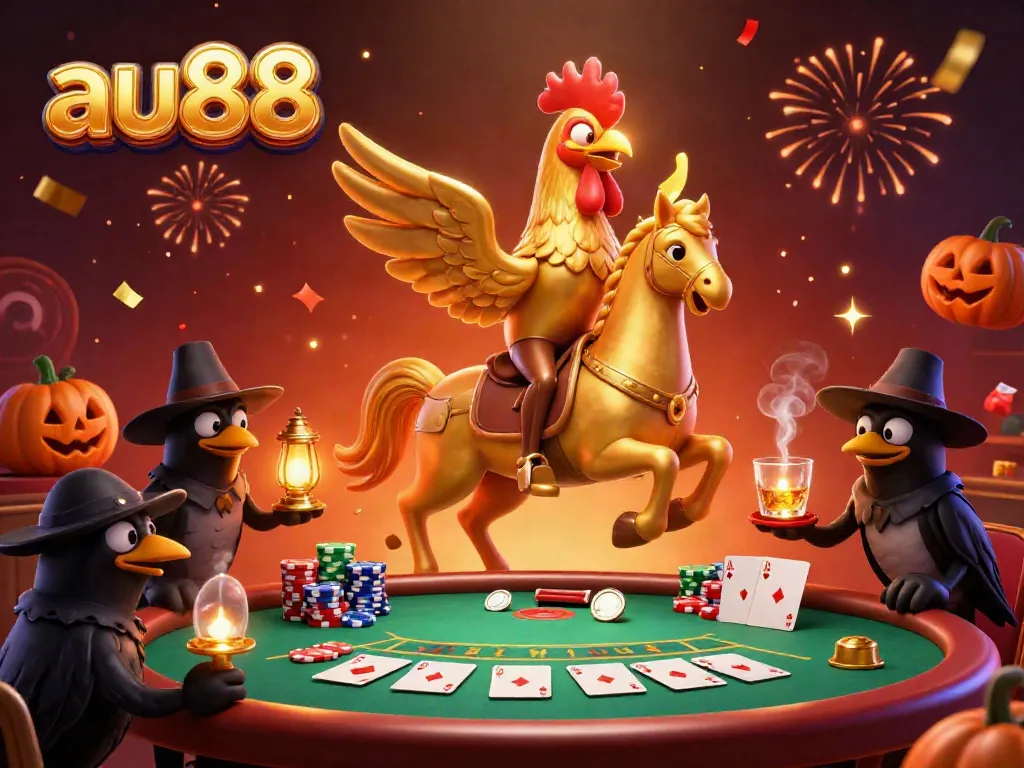 Experience the energetic midnight casino scene with the golden rooster from au88 during an exciting poker game.
