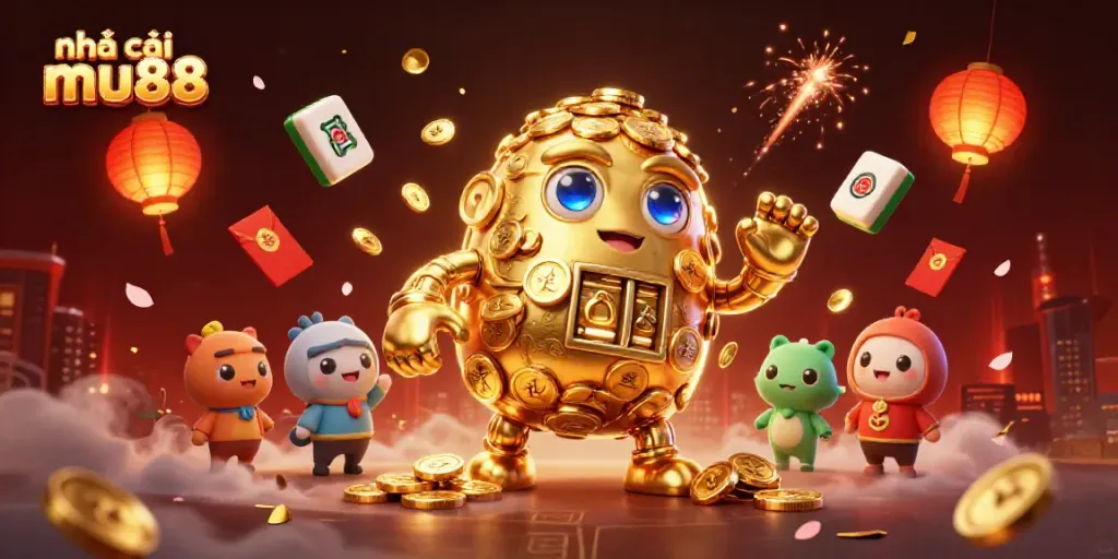 Experience the thrill with nhà cái mu88, a vibrant casino scene combining golden golems and festive elements.