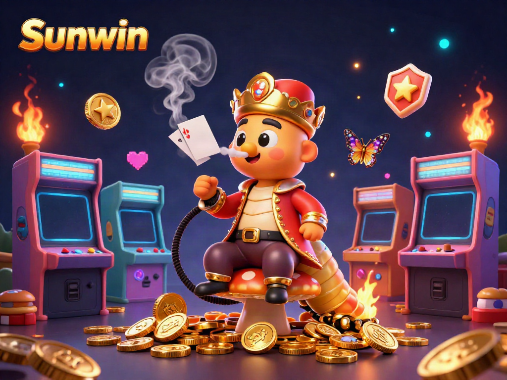Sunwin casino scene with a cartoon caterpillar blowing poker smoke rings, surrounded by vibrant gaming machines.