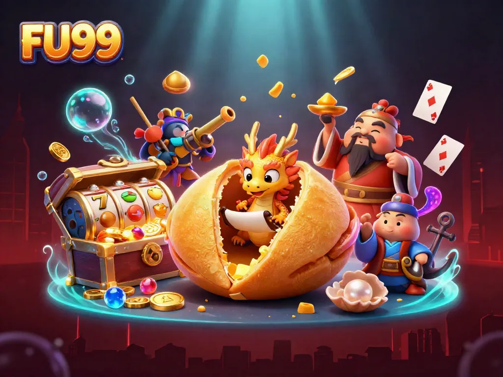 Experience the excitement of FU99 with a dynamic golden fortune cookie scene amid gaming elements.