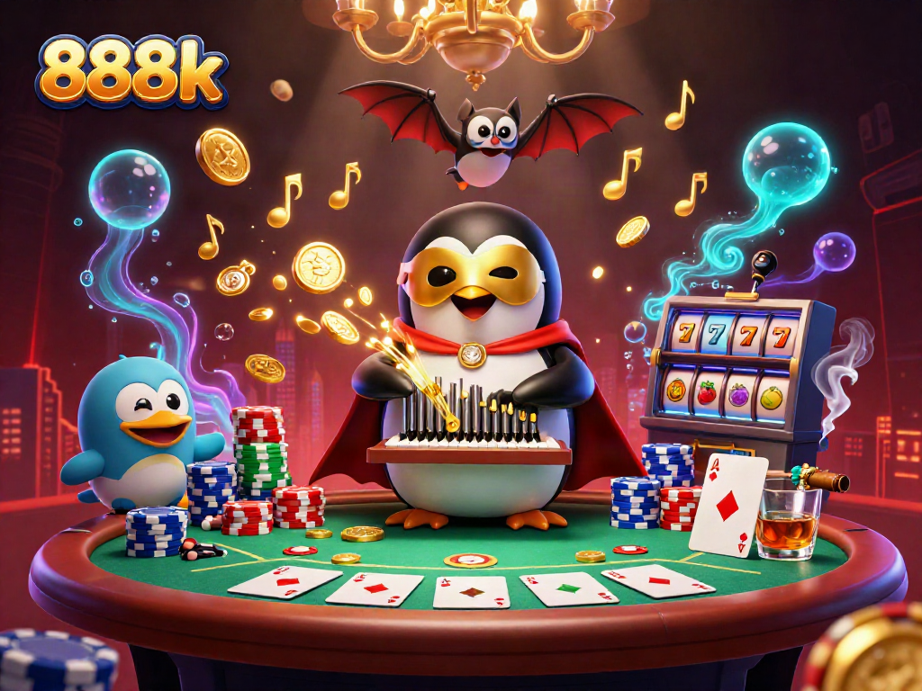 Engage in exhilarating gameplay at 888k with a vibrant casino scene featuring a cartoon penguin and rich gaming elements.