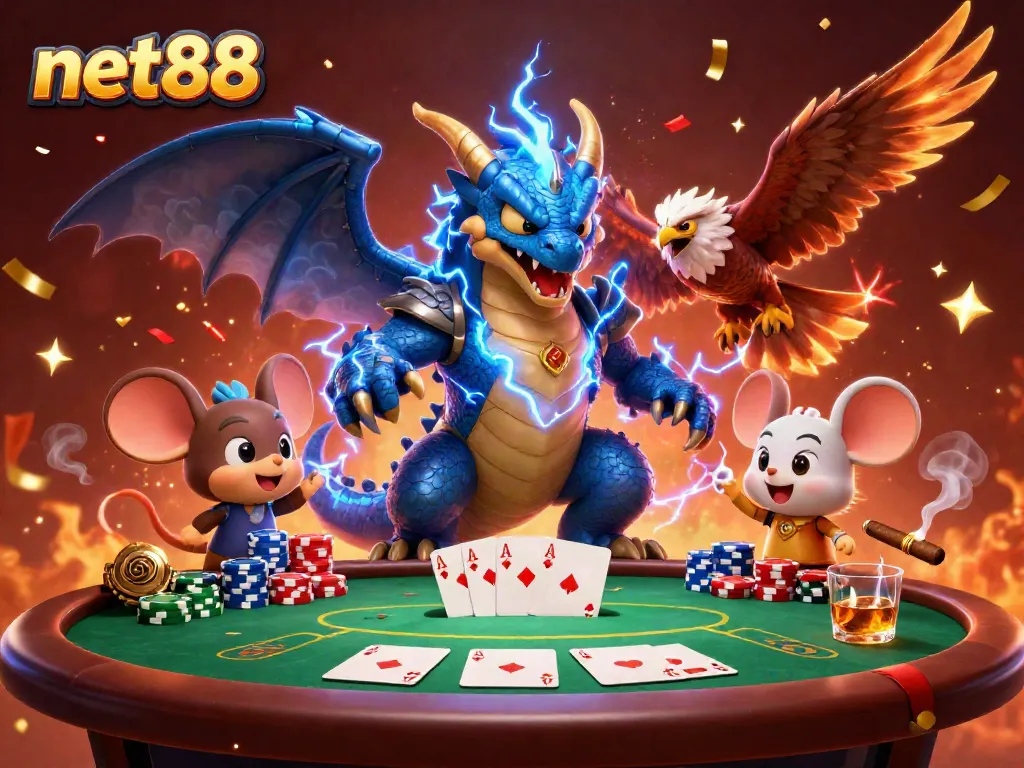 Experience thrilling gameplay at net88 with an energetic casino atmosphere featuring unique characters and poker elements.