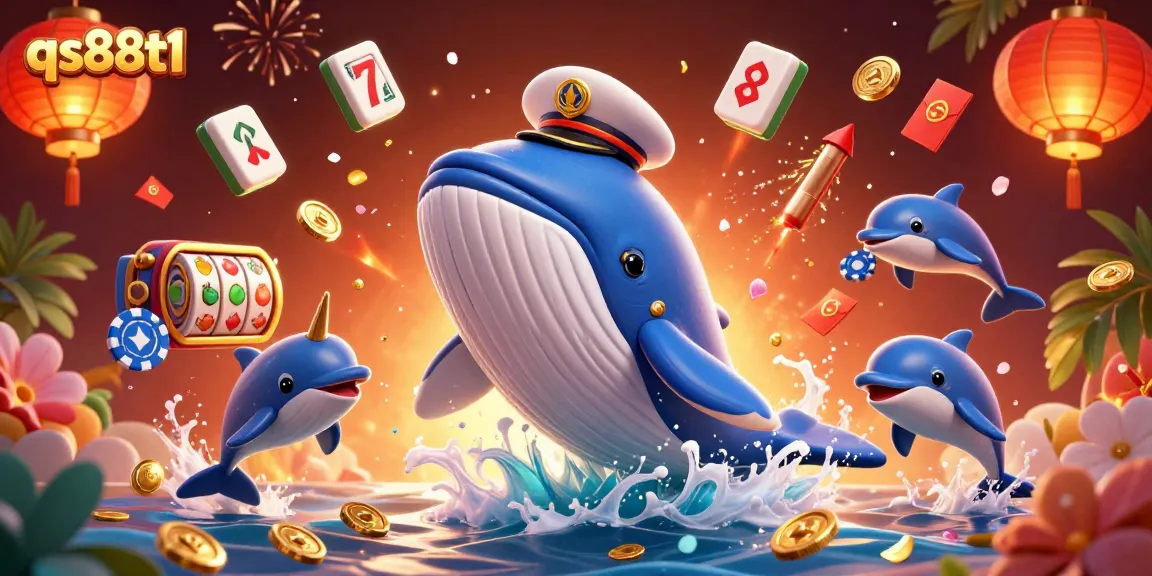 Win big at qs88t1 with an exciting 3D scene featuring a whale and playful dolphins amid casino elements.