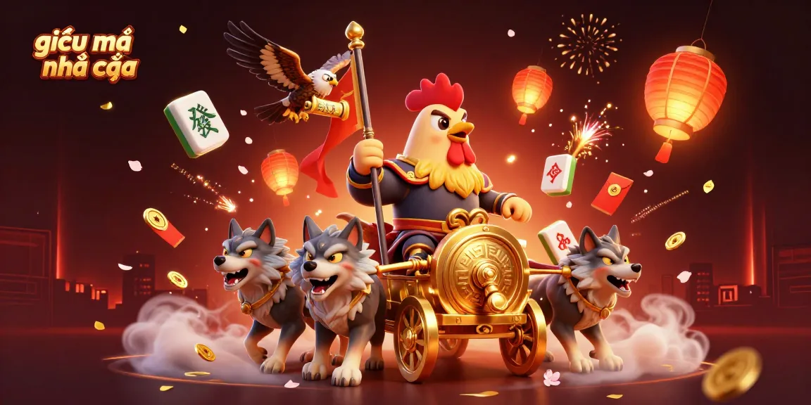 Engage with "giải mã nhà cái" in this dynamic casino scene featuring a rooster warlord and gaming elements.