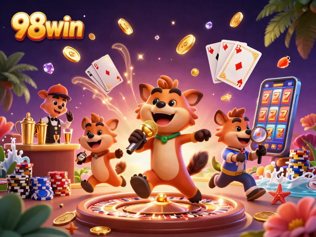 Engage with 98win's vibrant casino world featuring animated hyenas in a comedic setting.
