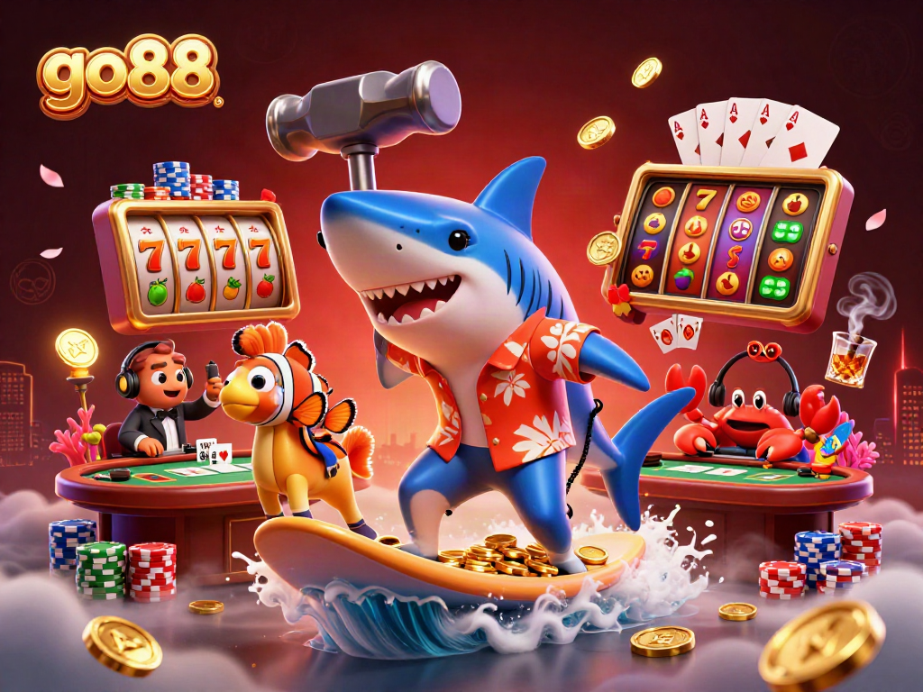 Experience the excitement of go88 with a dynamic casino illustration featuring a shark, clownfish, and crab.