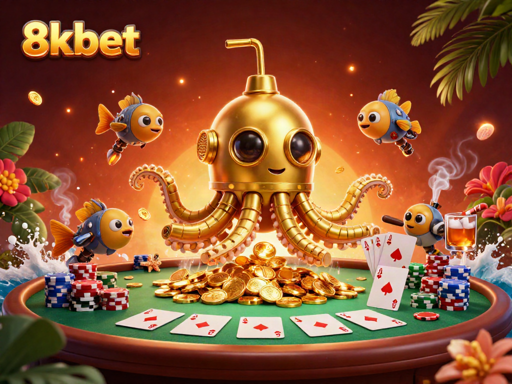 Experience exciting gameplay at 8xbet with a lively kraken submarine and vibrant poker elements.