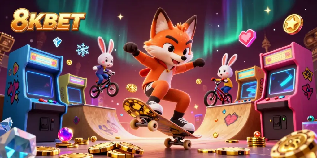 Experience thrilling gaming action at 8KBET with animated casino character illustrations.
