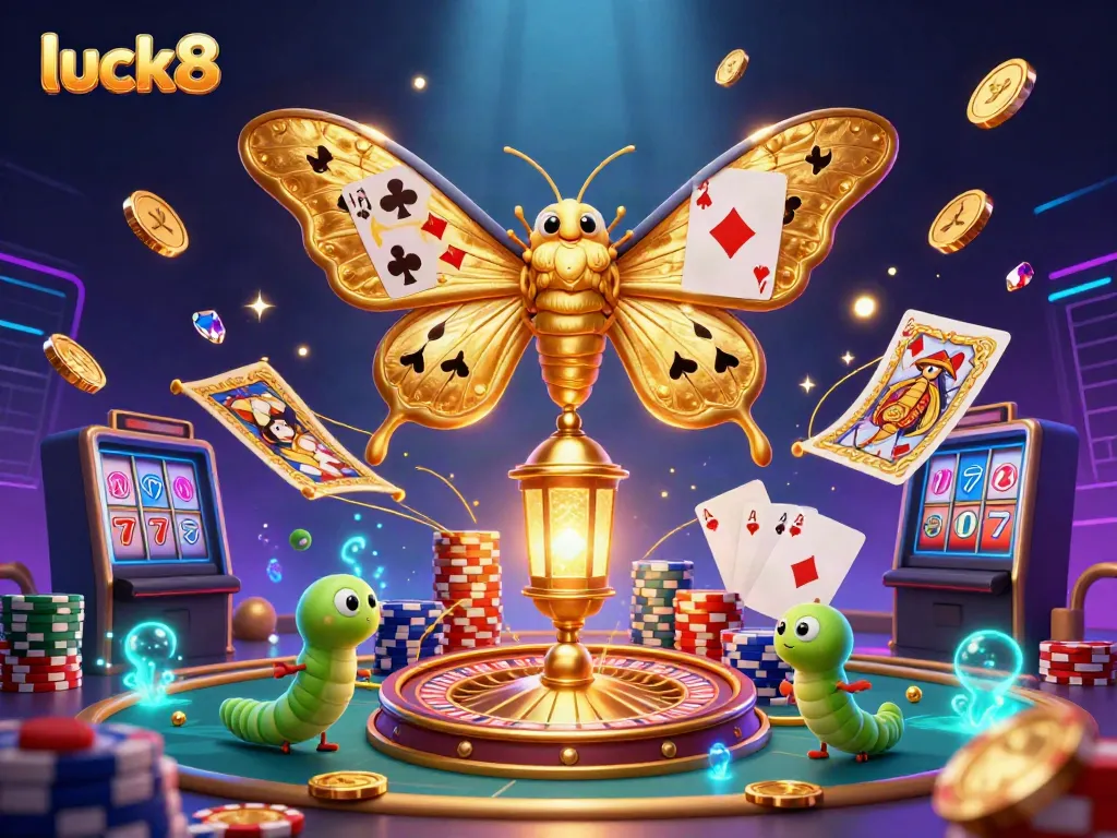 Experience the excitement of gambling with luck8 featuring vibrant casino elements and the majestic moth.