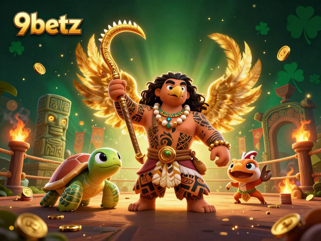 Engage with 9betz in a vibrant, dynamic gambling experience featuring a Polynesian demigod and a turtle.
