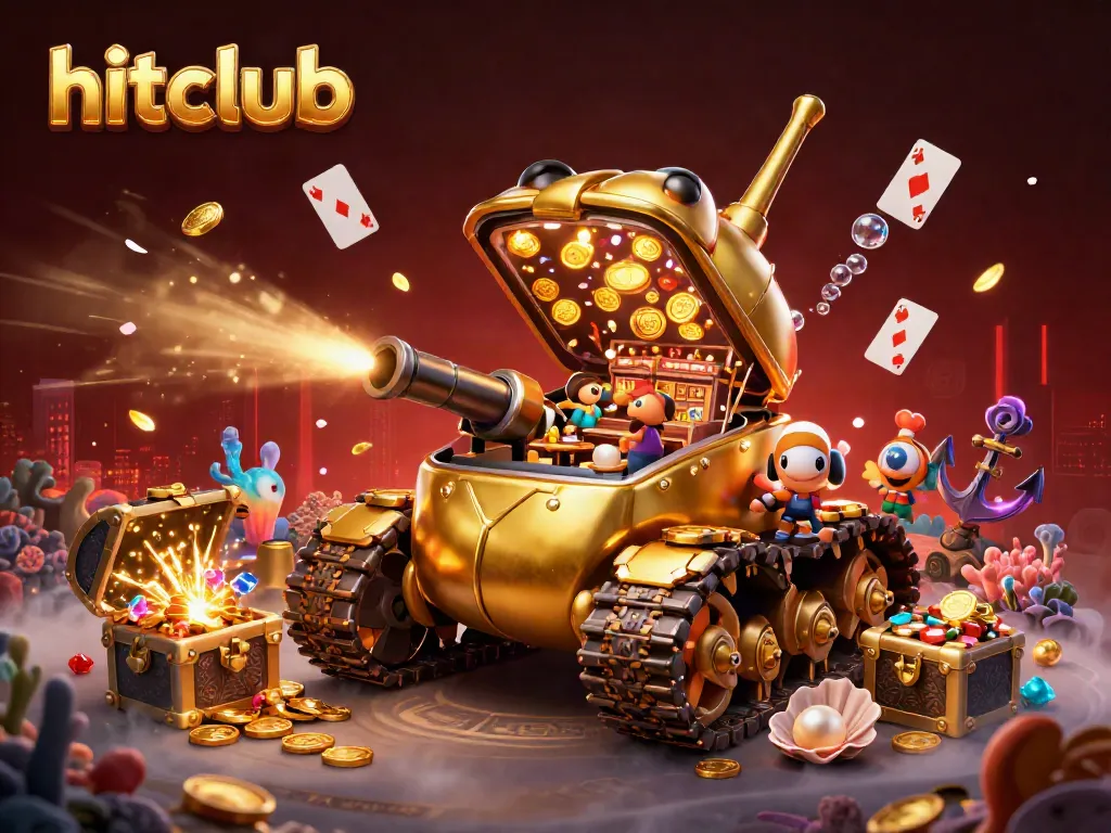 Hitclub features a lavish casino experience in a golden beetle tank, surrounded by treasures and vibrant elements.