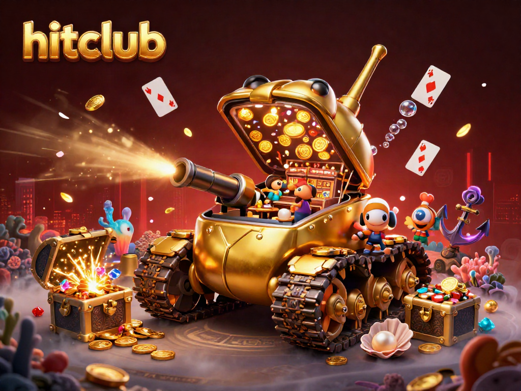Hitclub features a lavish casino experience in a golden beetle tank, surrounded by treasures and vibrant elements.