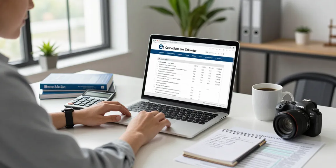 Using the quebec sales tax calculator 2026 in a professional office setting with financial documents and a laptop.