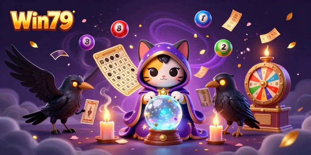 Win79 game's vibrant illustration showcasing fortune teller cat and tarot raven, enriched with dynamic gambling elements.