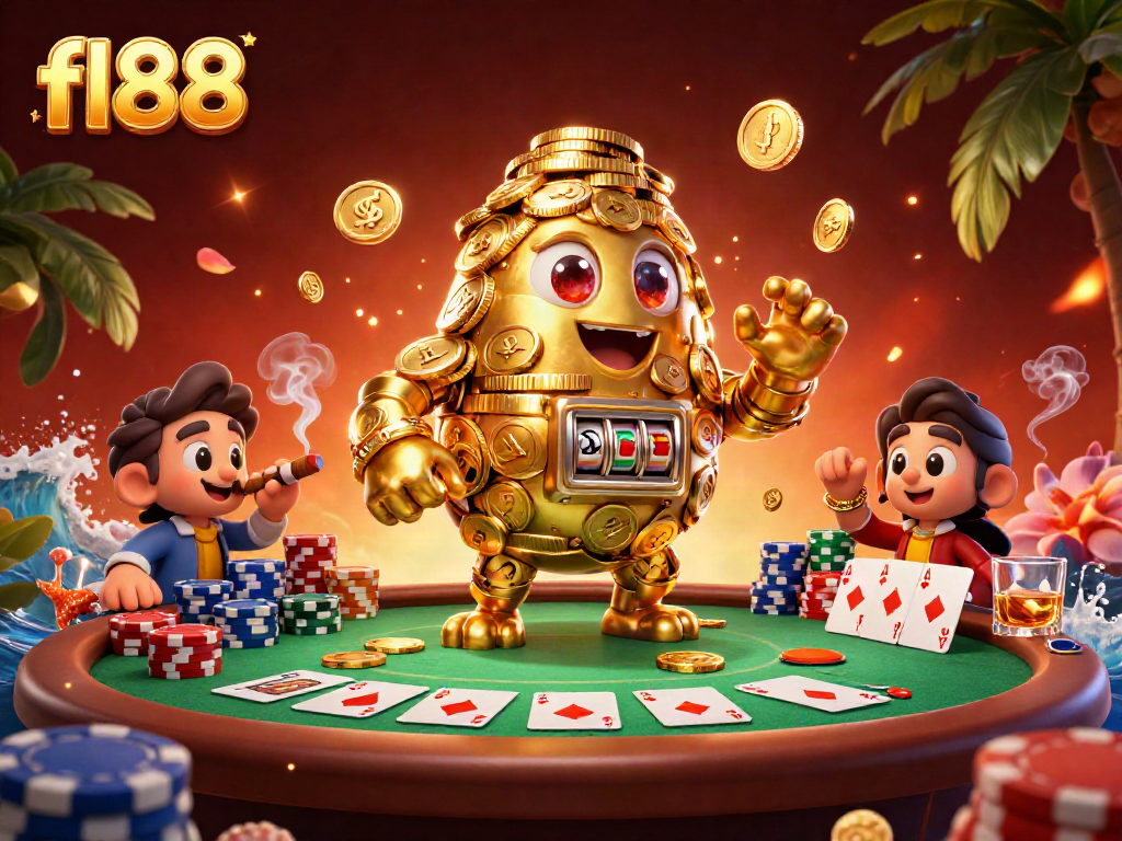 Engaging fl88 gaming scene showcasing a golden golem among vibrant poker elements, rich in detail and excitement.