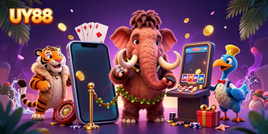 Experience thrilling gaming at UY88 with dynamic casino characters amid vibrant slot game elements.