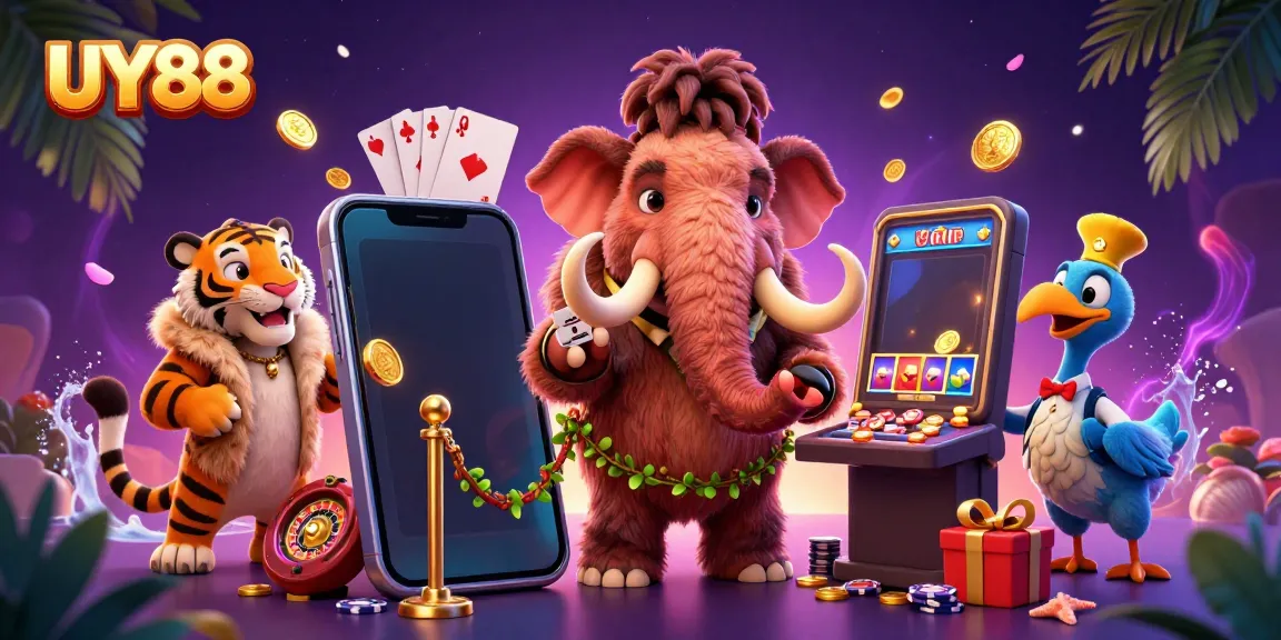Experience thrilling gaming at UY88 with dynamic casino characters amid vibrant slot game elements.